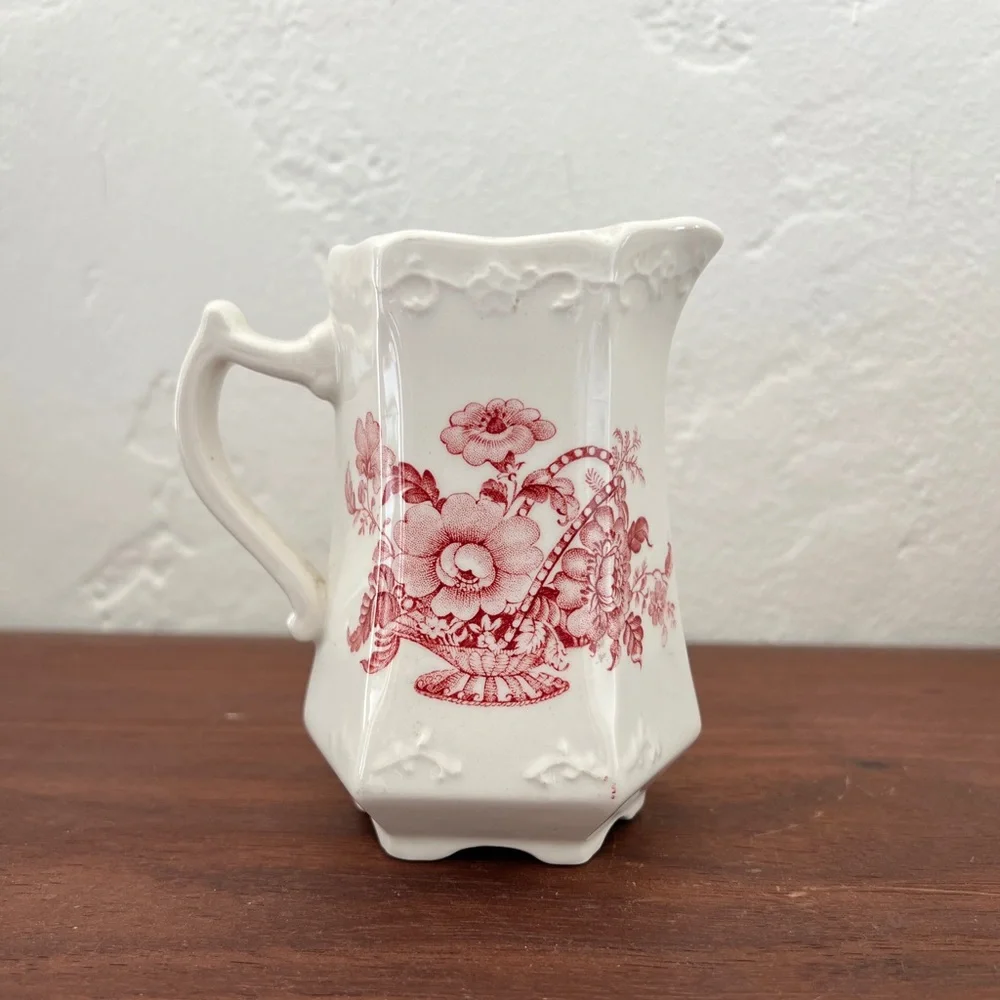 Crown Devon red white floral creamer pitcher jug Staffordshire English China